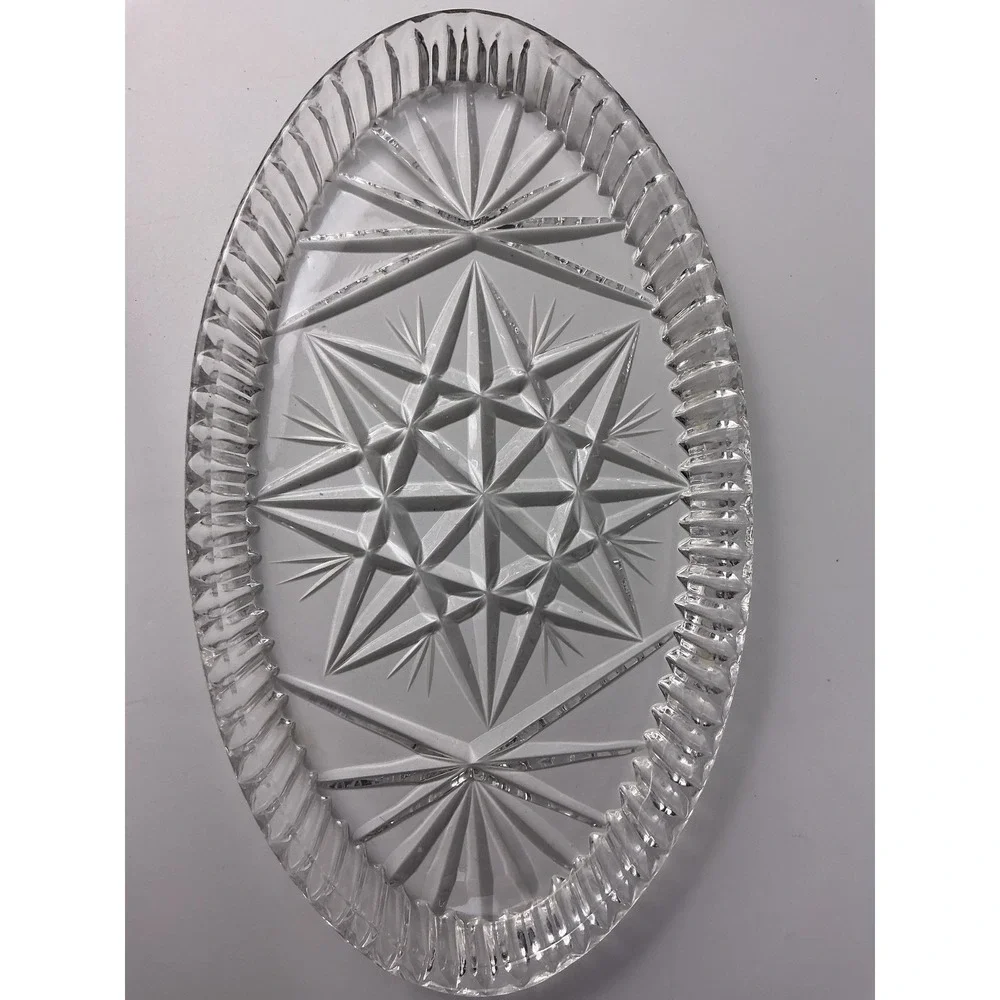 Vintage Clear Glass Oval Relish Dish Starburst‎ Pattern Scalloped Edge Tray